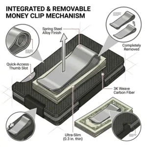 A lifestyle shot of a lightweight carbon fiber card holder fitting perfectly into a front pocket.