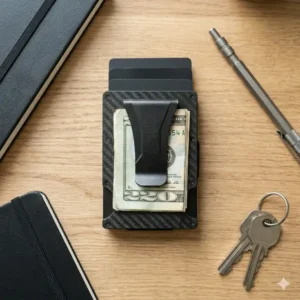 Aesthetic flat-lay photography showcasing the minimalist design of a best carbon fiber wallet.