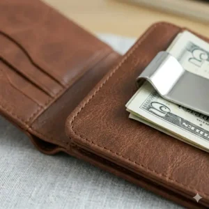 Stitching and material quality detail of a durable bi fold money clip wallet.