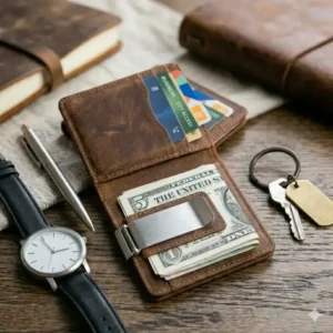 Everyday carry flat lay featuring a money clip card case, silver watch, and car keys.