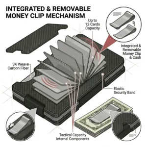 An exploded view diagram showing the internal components and elastic bands of a carbon fiber card holder.