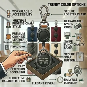 An elegant unboxing experience showing a designer id badge holder inside a premium branded gift box.