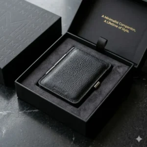 An elegant black card wallet presented inside a luxury matte-finish gift box.