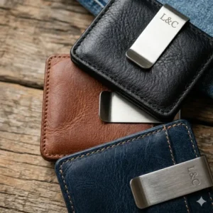 Illustration 7: Various color options including black, tan, and navy for the modern clip bifold wallet.