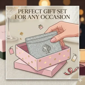 The perfect gift presentation of a kate spade glitter card holder inside its original pink branding box.
