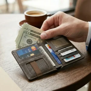 A person placing a bill into a stylish holder money wallet while in a cafe.