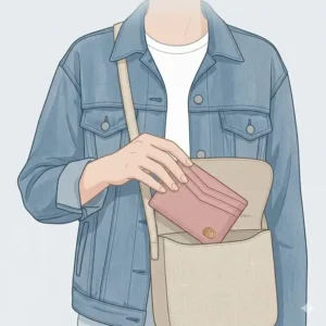 A fashion illustration showing a pink designer card holder fitting perfectly into a small crossbody bag.