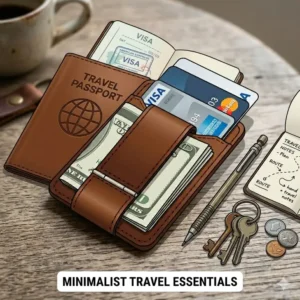 A top-down view of a card and cash clip paired with travel gear like a passport and keys.