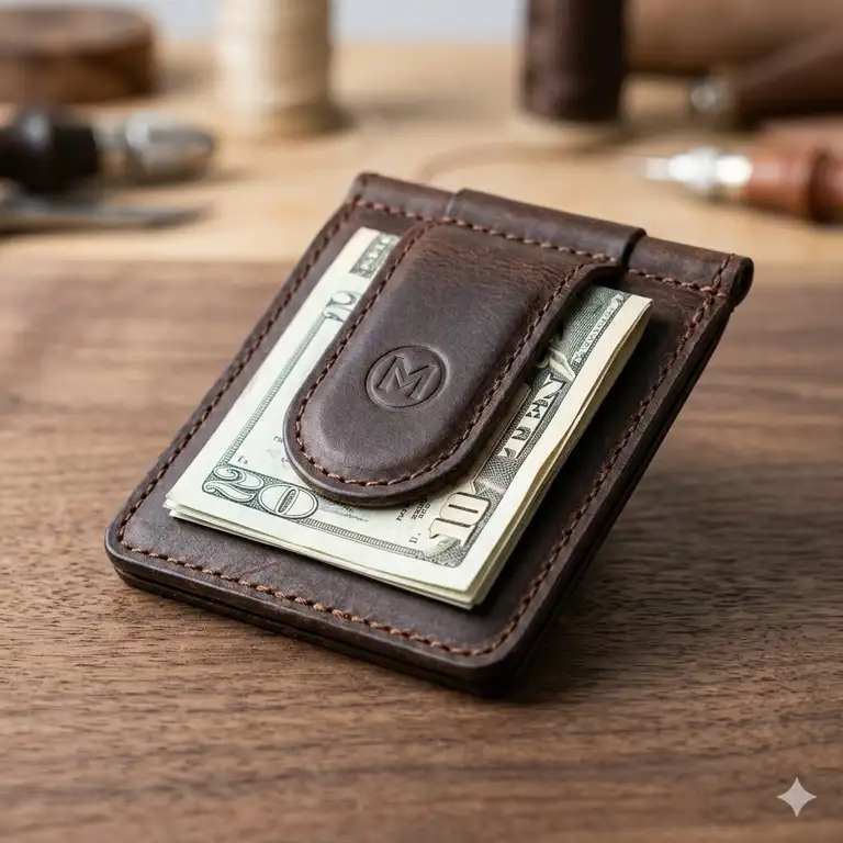 A premium brown magnetic money clip leather wallet holding cash on a wooden desk.