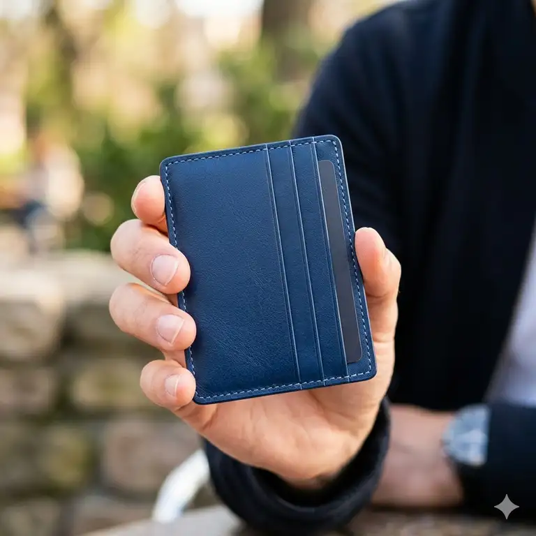 A person holding a premium navy leather cardholder blue in a lifestyle setting.