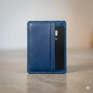 Front view of a minimalist cardholder blue showing multiple card slots and stitching.