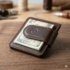 Close-up of the powerful snap closure on a magnetic money clip leather.