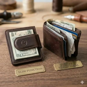Side view showing the ultra-slim design of this magnetic money clip leather compared to a wallet.