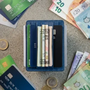 A functional cardholder blue filled with credit cards and folded cash.
