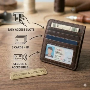 Interior view of the magnetic money clip leather showing organized card slots and ID window