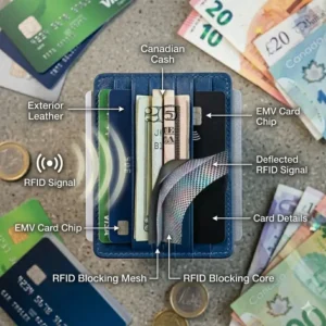 Technical diagram of RFID blocking layers inside a secure cardholder blue.