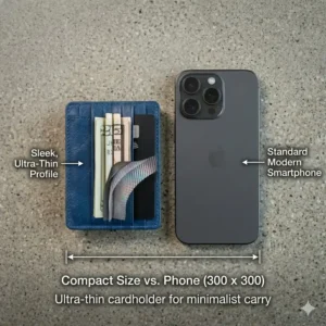 Side-by-side size comparison of a slim cardholder blue next to a smartphone.
