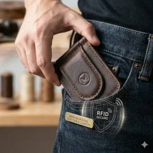 A person comfortably carrying a magnetic money clip leather in their front denim pocket.