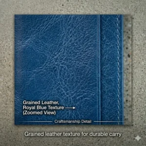 Close-up detail of the high-quality grained leather texture on a cardholder blue.