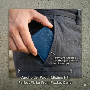 A compact cardholder blue sliding easily into a front trouser pocket.