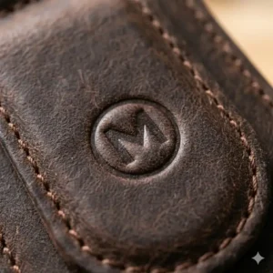 Detailed macro shot of the high-quality stitching and grain of the magnetic money clip leather.
