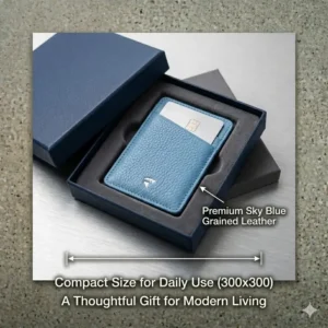 A designer cardholder blue presented in an elegant gift box for a modern gift.