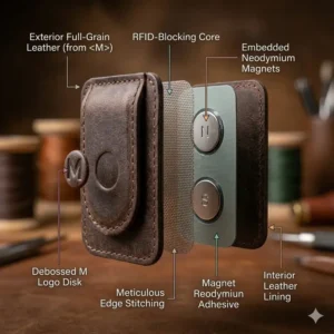 Diagram showing the internal neodymium magnets and construction of the magnetic money clip leather.