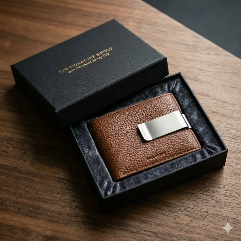 Featured Image: Premium brown leather bifold wallet with money clip displayed open on a wooden table.