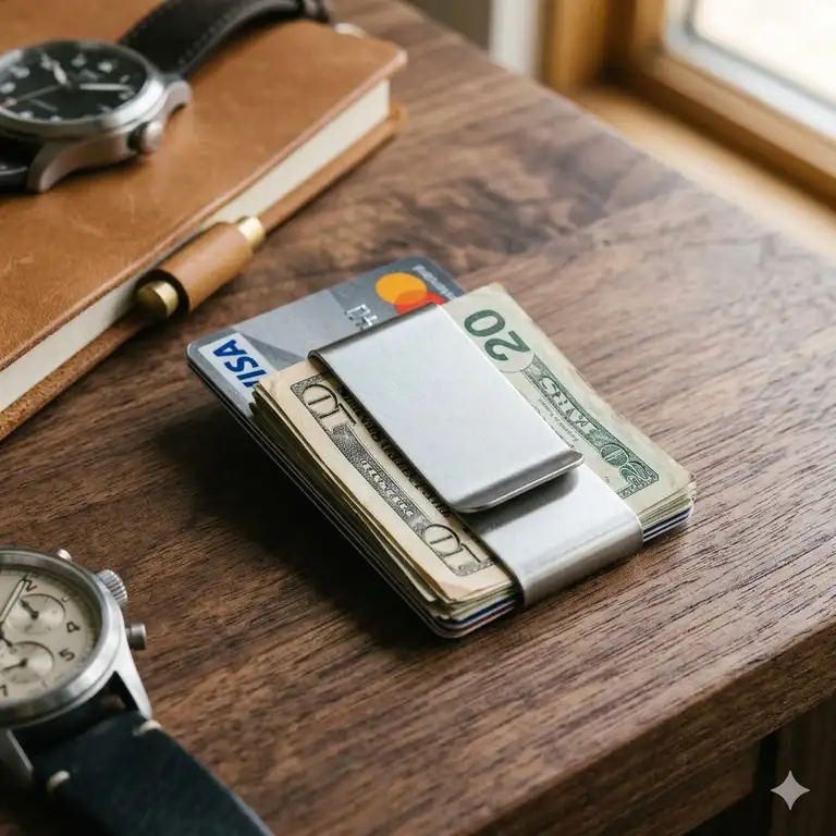 A premium stainless steel slim clip money clip holding cash and cards on a wooden surface.