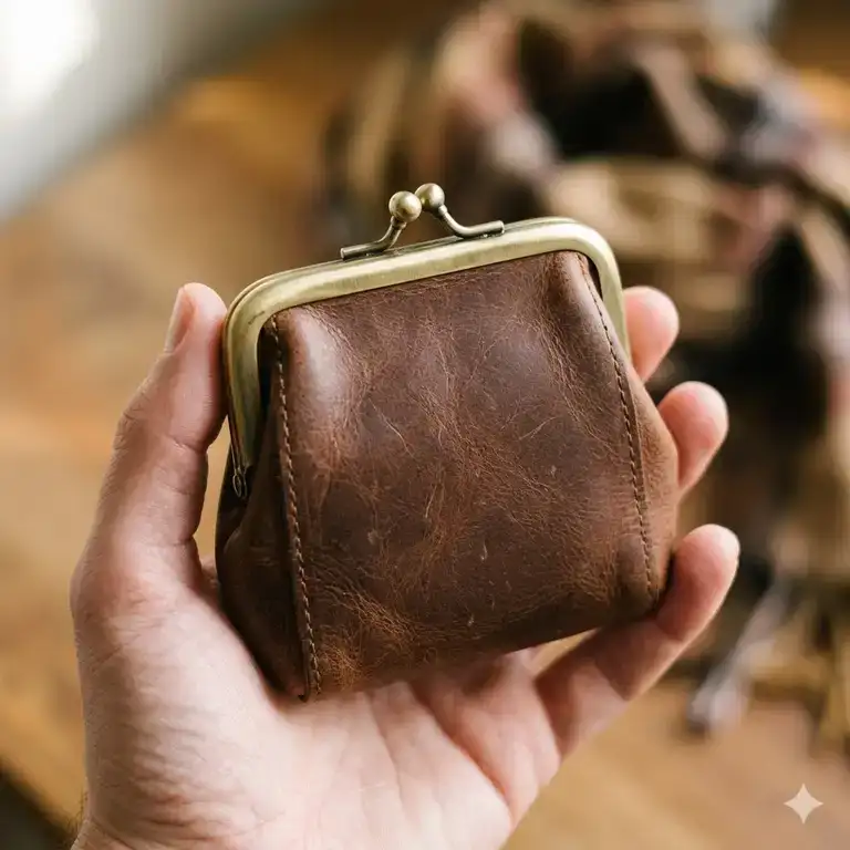 A close-up shot of a hand holding a vintage brown leather coin purse purse against a soft blurred background.