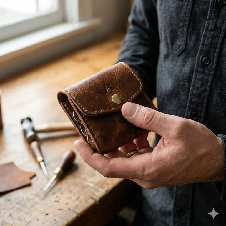 A premium brown leather mens coin pouch held in hand to show scale and texture.