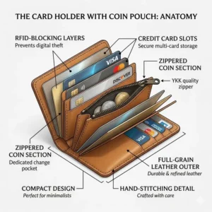 Detailed illustration pointing out the RFID-blocking layers, card slots, and zippered section of a modern card holder with coin pouch.