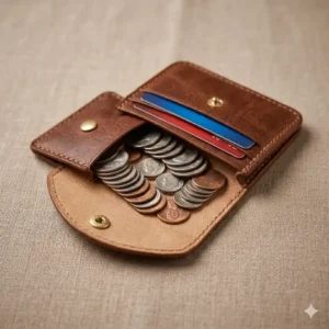 Internal view showing organized compartments for coins and cards inside the coin holder wallet.
