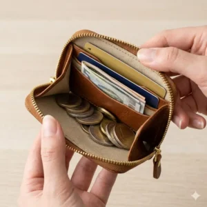 Illustration showing a small zip coin pouch open to reveal neatly organized coins, folded bills, and two credit cards.