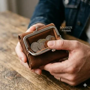 Minimalist illustration of a classic leather mens coin pouch with a secure metal squeeze frame.