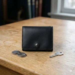 A slim black minimalist mens coin pouch laying flat on a wooden desk.
