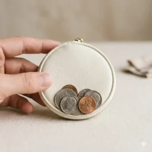 Illustration 1: A minimalist round coin purse purse in cream white, perfect for holding loose change and small essentials.
