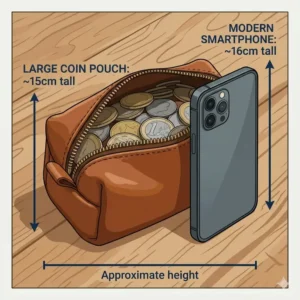 Illustration comparing a large coin pouch to a standard smartphone to show carrying capacity.