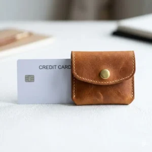 A small leather coin pouch placed next to a standard credit card to demonstrate its pocket-sized dimensions.