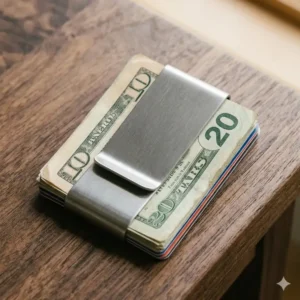 Infographic comparing the ultra-thin profile of a slim clip money clip to a bulky wallet.