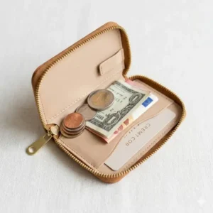 Open view of a small zip coin purse showing organized coins, folded bills, and a credit card inside.