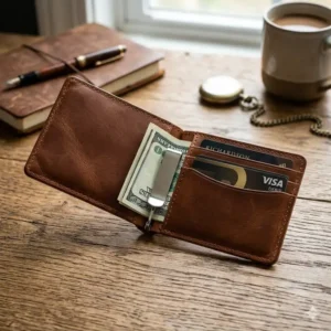 Illustration 1: Close-up detail of the high-quality stitching on a leather bifold wallet with money clip.