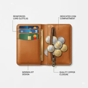 Top-down view illustration showing a minimalist card holder with coin capacity, holding five credit cards and several silver coins.