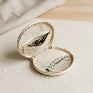 A small zippered coin purse purse showing internal compartments for coins and folded bills.