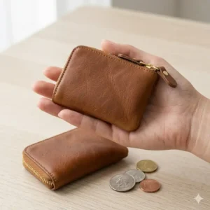 A size comparison illustration showing a small zip coin pouch held in a hand to demonstrate its compact, palm-sized dimensions.
