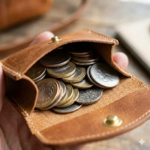 Close-up illustration of the interior of a small leather coin pouch filled with various silver and gold coins.