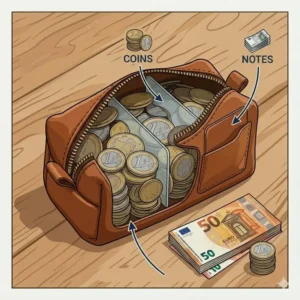 Detailed illustration of the interior of a large coin pouch showing cash and coin dividers.