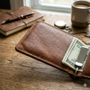 Illustration 2: Interior view showing the metal spring tension of a leather bifold wallet with money clip.