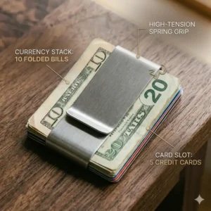 Detailed diagram showing the card and bill capacity of the slim clip money clip.