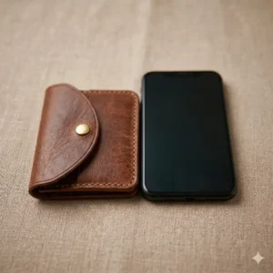 A side-by-side size comparison of a slim coin holder wallet next to a modern smartphone.